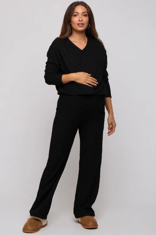 Black Ribbed Soft Knit Long Sleeve Maternity Pajama Set