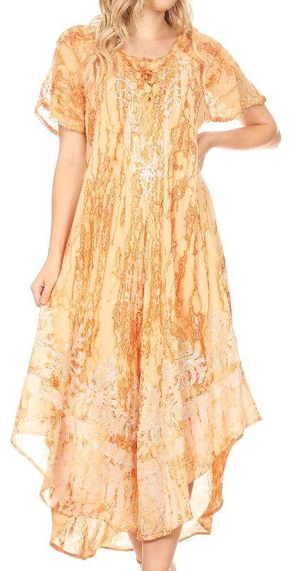 Sakkas Ronny Lace Embroidered Cap Sleeve Tie Dye Wash Caftan Dress / Cover Up