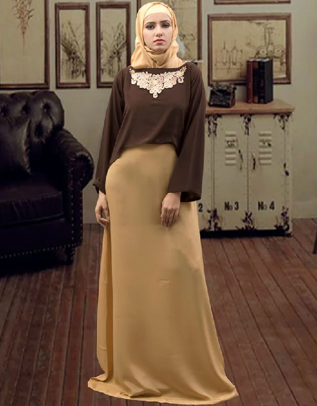 Islamic Formal Muslim Evening Brown and Beige Color Abaya