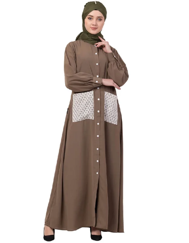 Trendy Front Open white  patch pocket Casual Abaya Brown