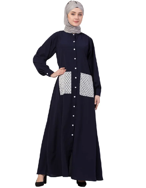 Modern Front Open white  patch pocket Casual Abaya Navy Blue