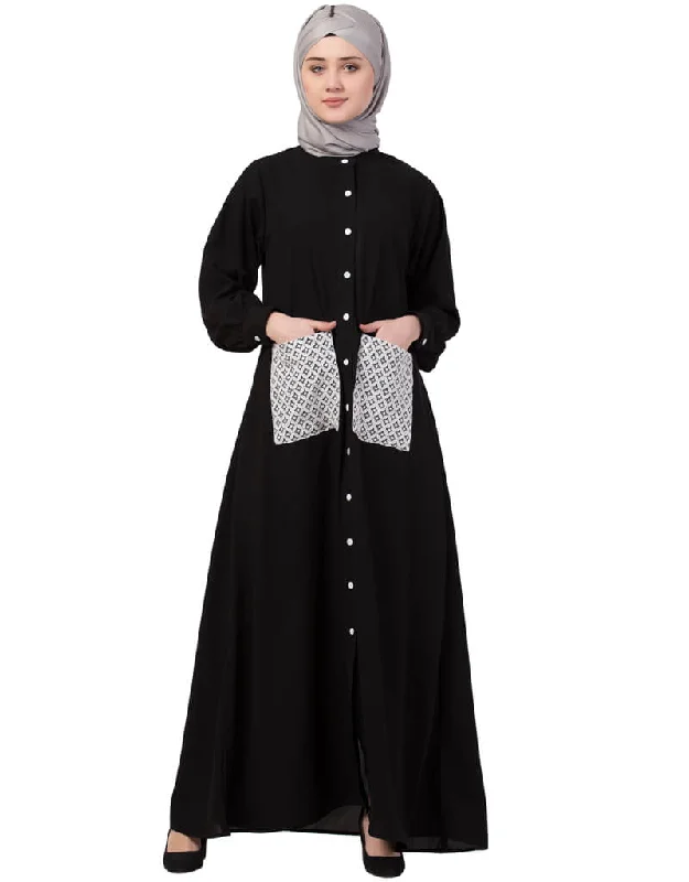 Dubai Front Open white  patch pocket Casual Abaya Black