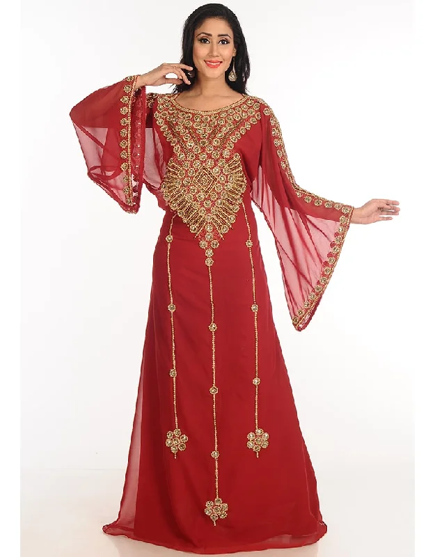 Modest Maroon Georgette Hand Zari Embroidery Galabiya