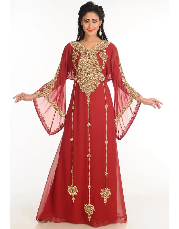 Dubai Maroon Georgette Hand Zari Embroidery Galabiya