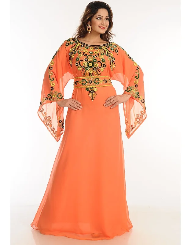 Women Orange Georgette Hand Zari Embroidery Galabiya