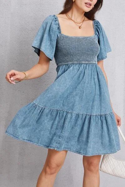 Blue Zone Planet |  Smocked Square Neck Mini Denim Dress