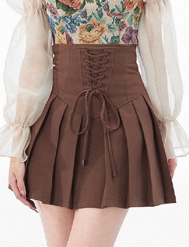 Solid Lace Up Brown High Waisted Pleated Mini Skirt