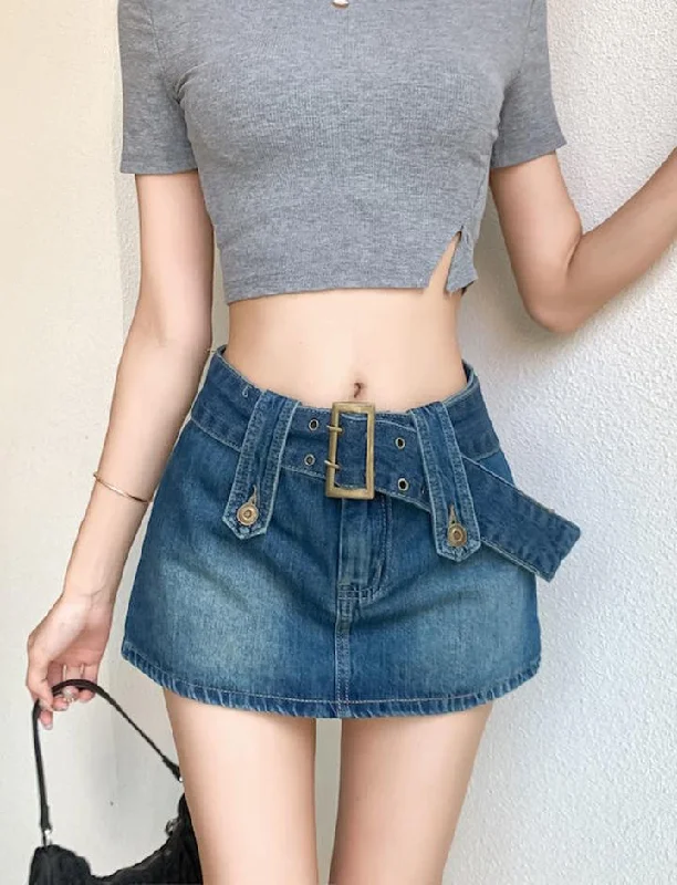 Wash Faded Buckle Denim Mini Skirt