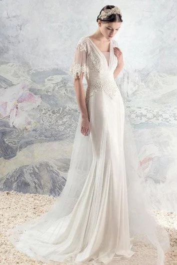 Boho Half Sleeve V-Neck Backless Lace and Tulle Wedding Dress