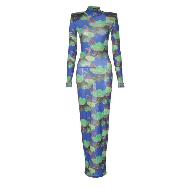 High neck padded flower print long sleeve maxi dress