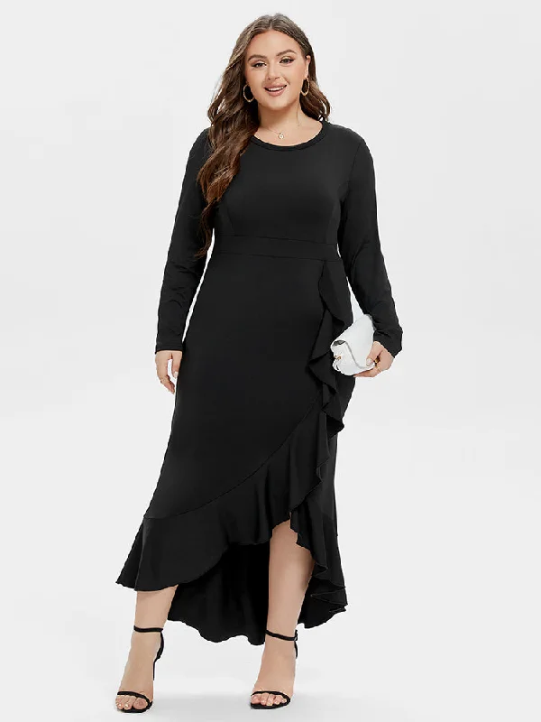 Ruffle Trim Asymmetrical Hem Maxi Dress