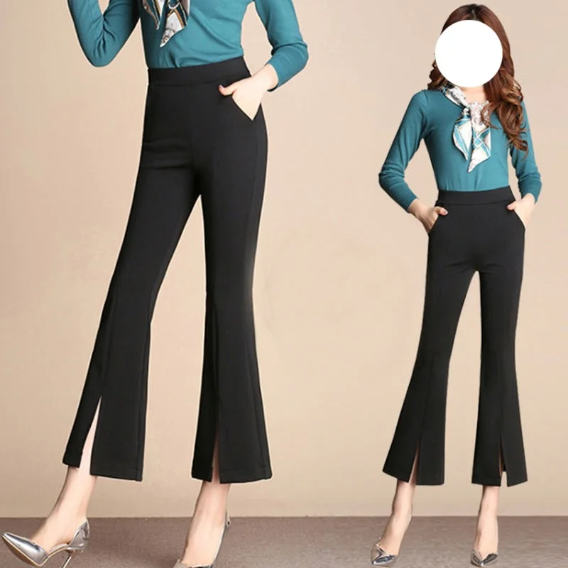 NiDELL Thin Spring, Summer and Autumn New Korean Style Slim Fit Slit Bootleg Pants High Waist Cropped Pants Women's Large Size Plump Girls Casual Pants