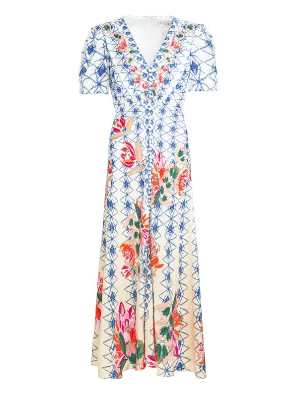 Lea Long Dress in Opal Trellis print