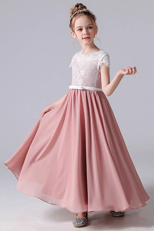 A Line Cap Sleeve Lace Appliques Chiffon Flower Girl Dress