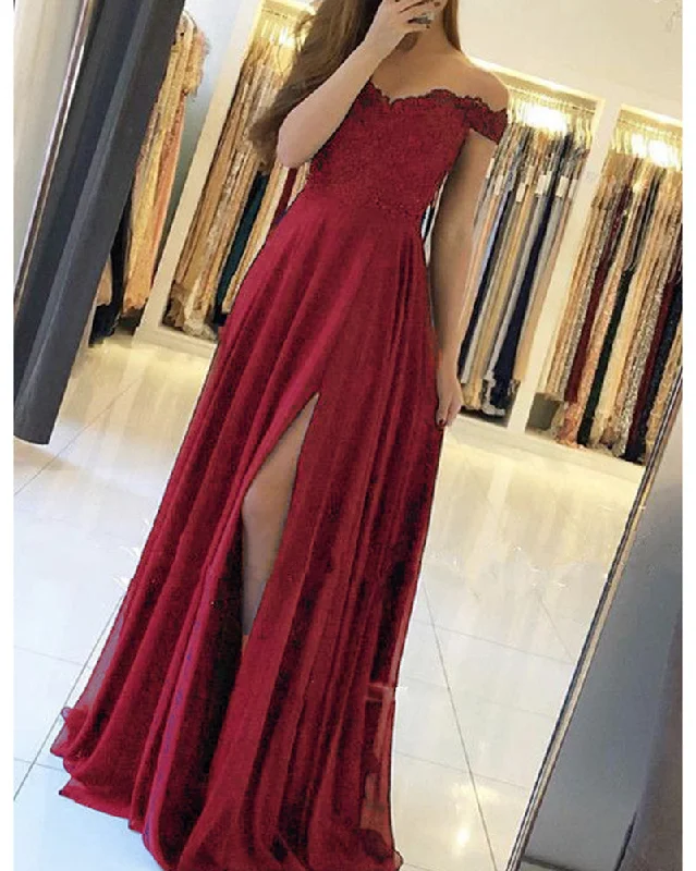 Elegant Off Shoulder lace Appliqued Girls  Long Prom Dress with Sexy Slit PL0011