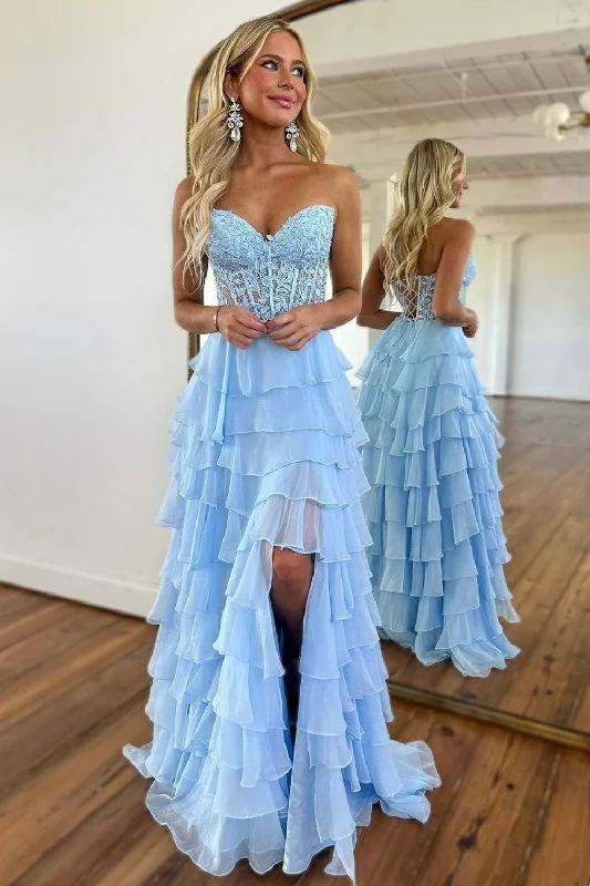 Light Blue A-Line Sweetheart Long Lace And Chiffon Prom Dress With Slit